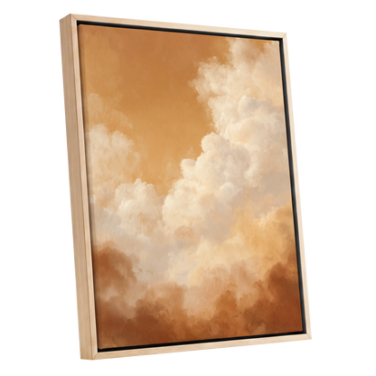 Gilded Cloudscape, gold, orange, beige nature wall art shown as a oak framed canvas wall art