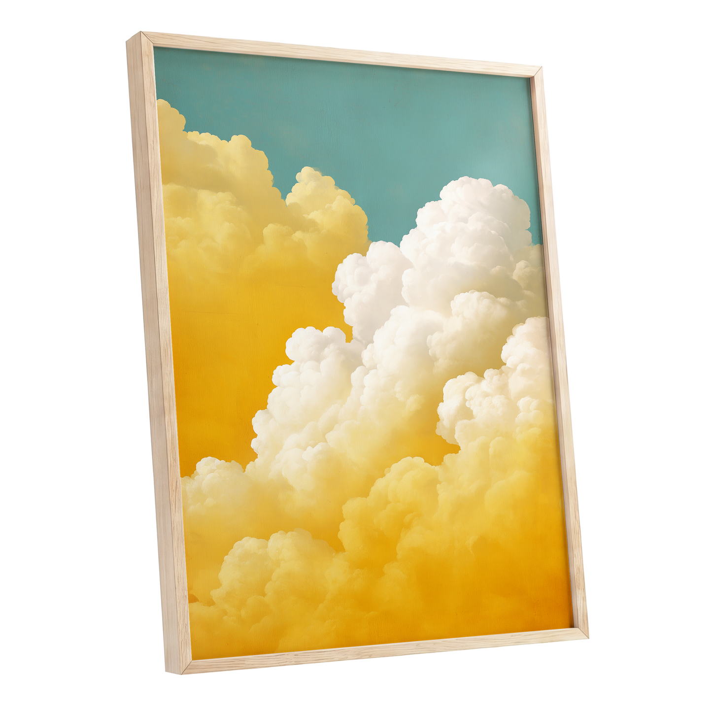 Gilded Cloudscape, blue, gold, yellow nature wall art shown as a oak framed poster wall art print