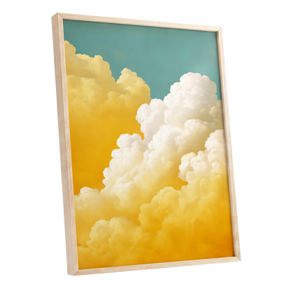 Gilded Cloudscape, blue, gold, yellow nature wall art shown as a oak framed poster wall art print