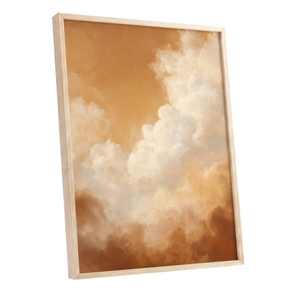 Gilded Cloudscape, gold, orange, beige nature wall art shown as a oak framed poster wall art print