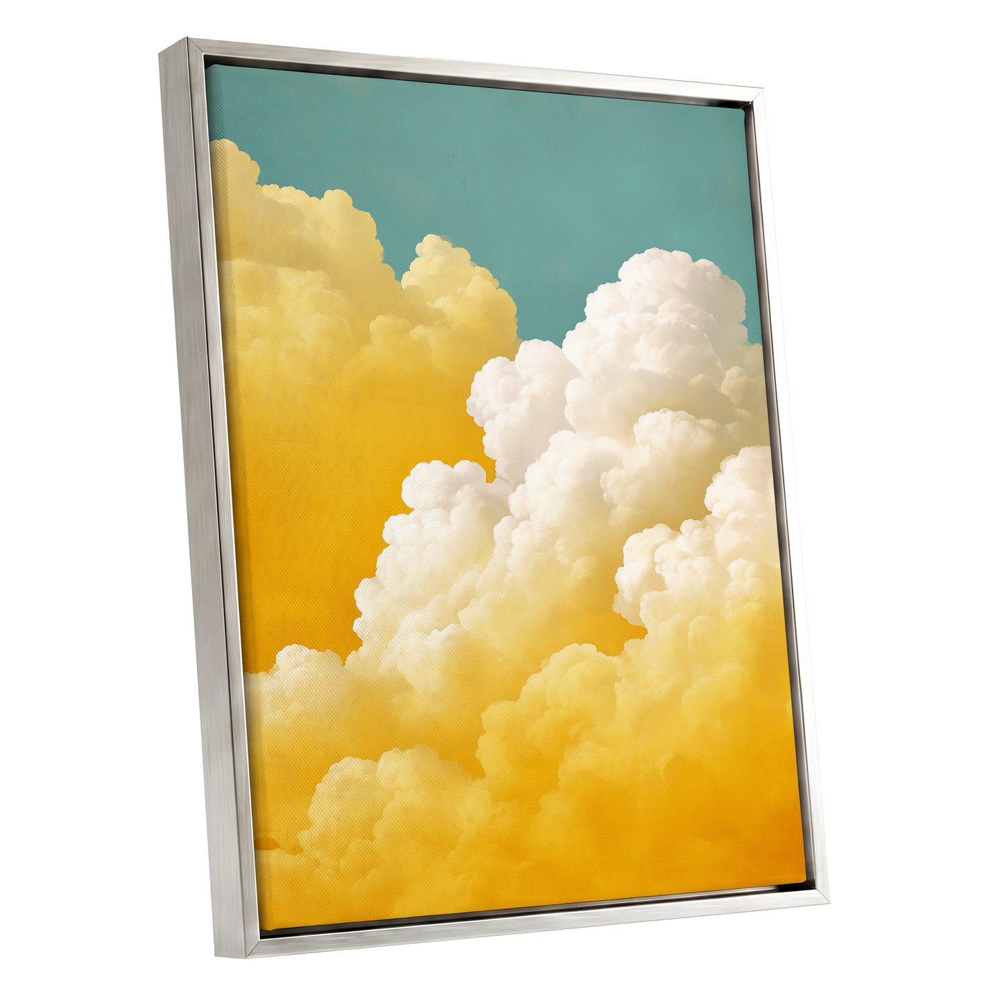 Gilded Cloudscape, blue, gold, yellow nature wall art shown as a silver framed canvas wall art