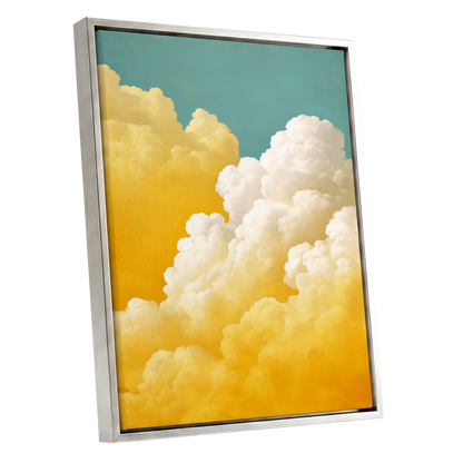 Gilded Cloudscape, blue, gold, yellow nature wall art shown as a silver framed canvas wall art