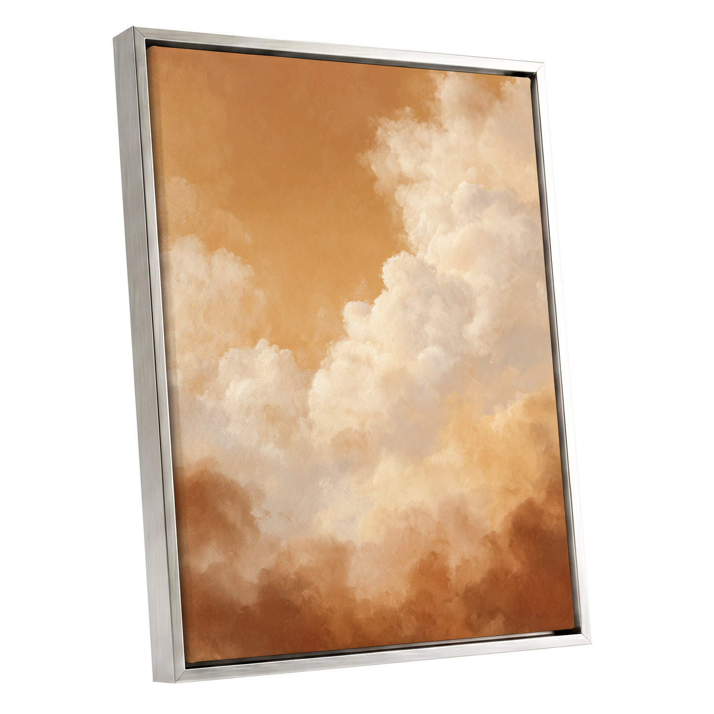 Gilded Cloudscape, gold, orange, beige nature wall art shown as a silver framed canvas wall art