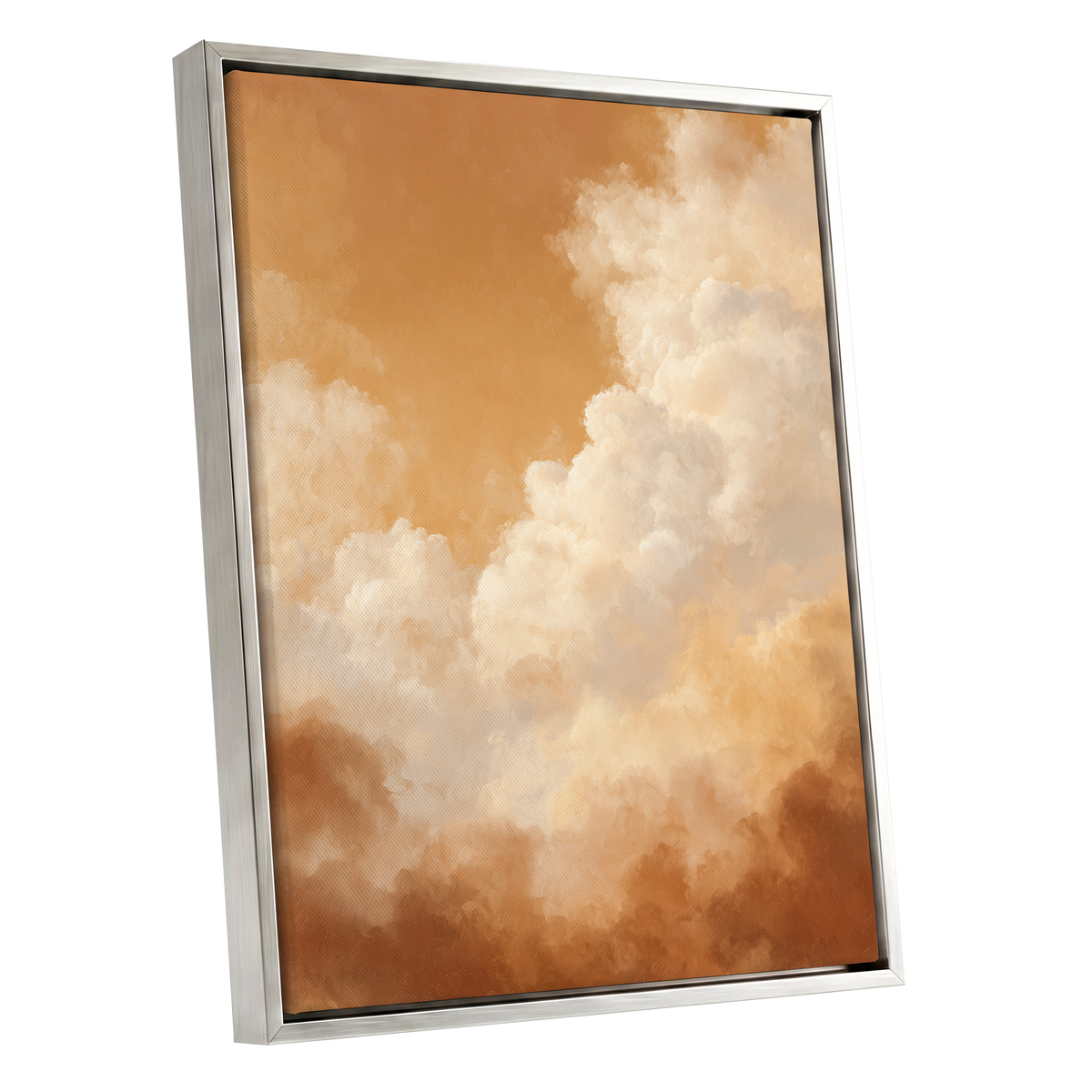 Gilded Cloudscape, gold, orange, beige nature wall art shown as a silver framed canvas wall art