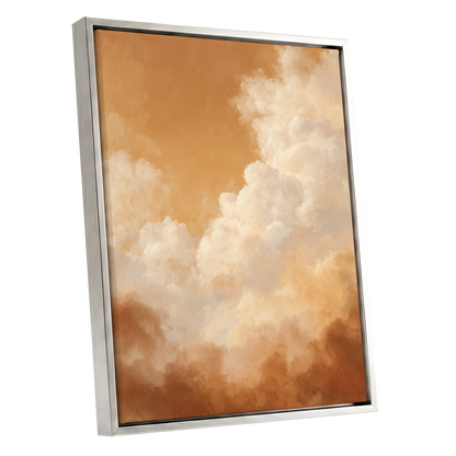 Gilded Cloudscape, gold, orange, beige nature wall art shown as a silver framed canvas wall art