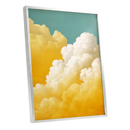 Gilded Cloudscape, blue, gold, yellow nature wall art shown as a silver framed poster wall art print