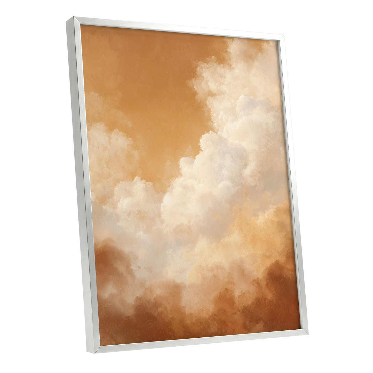 Gilded Cloudscape, gold, orange, beige nature wall art shown as a silver framed poster wall art print