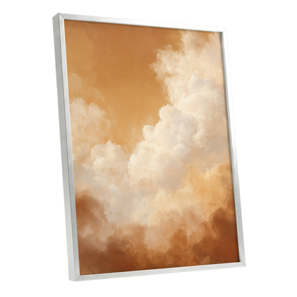 Gilded Cloudscape, gold, orange, beige nature wall art shown as a silver framed poster wall art print