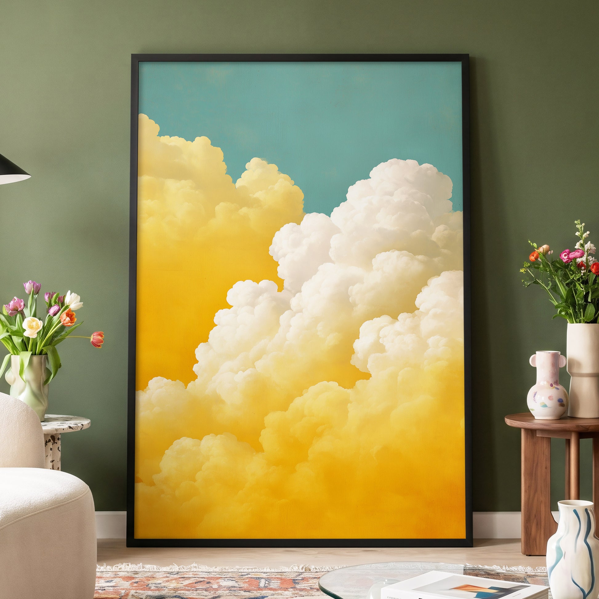 Gilded Cloudscape, blue, gold, yellow nature wall art displayed in a styled interior, gallery view 2
