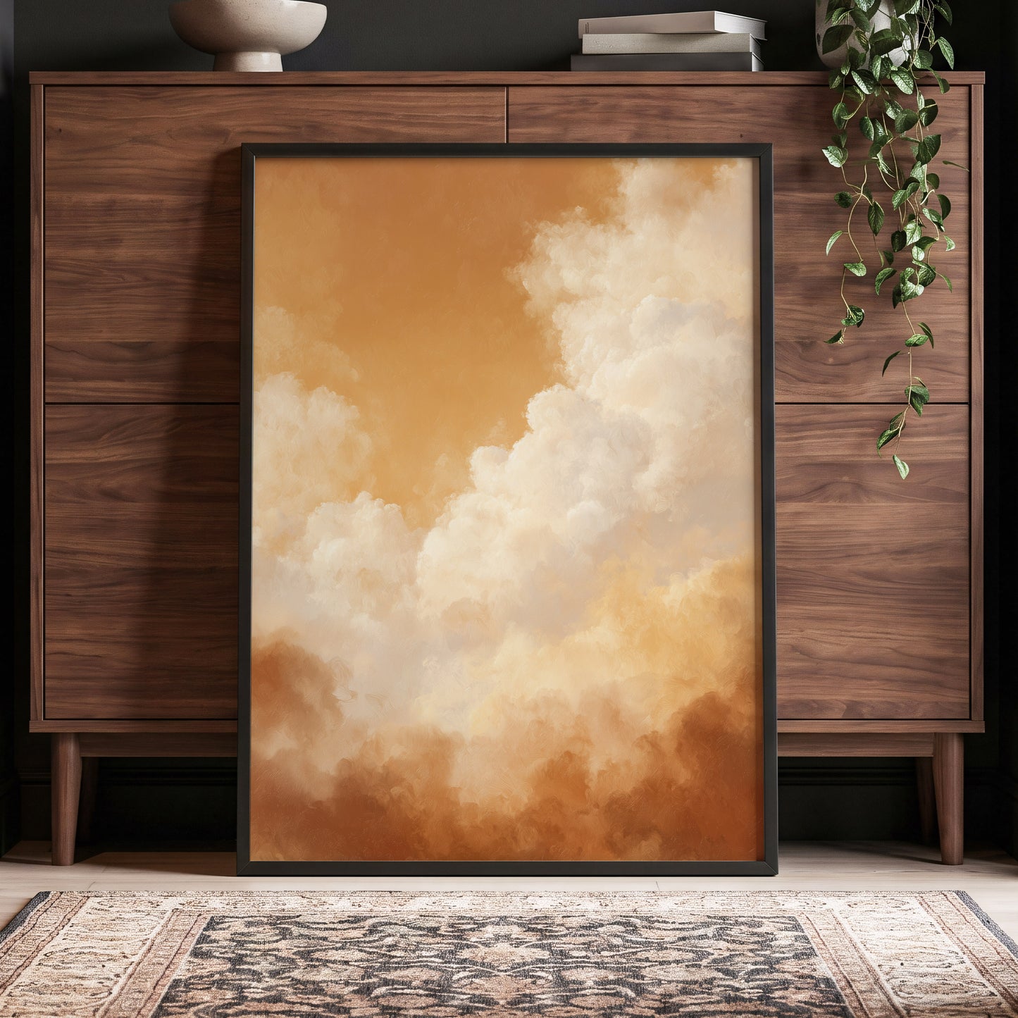 Gilded Cloudscape, gold, orange, beige nature wall art displayed in a styled interior, gallery view 2