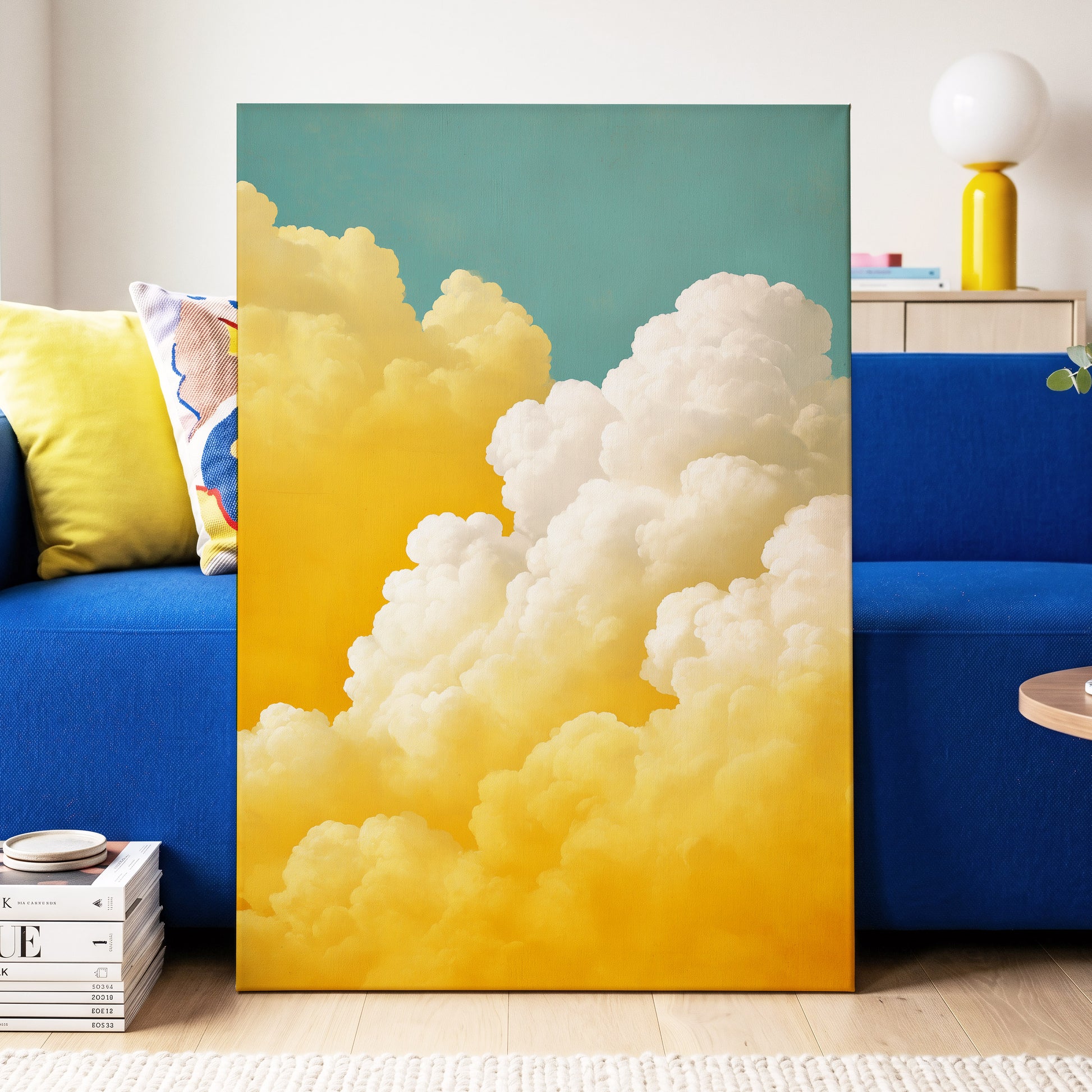 Gilded Cloudscape, blue, gold, yellow nature wall art displayed in a styled interior, gallery view 3