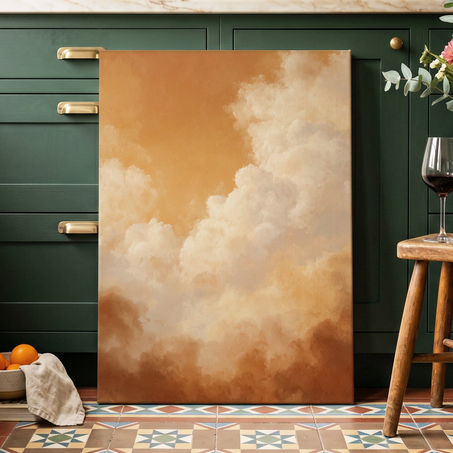 Gilded Cloudscape, gold, orange, beige nature wall art displayed in a styled interior, gallery view 3