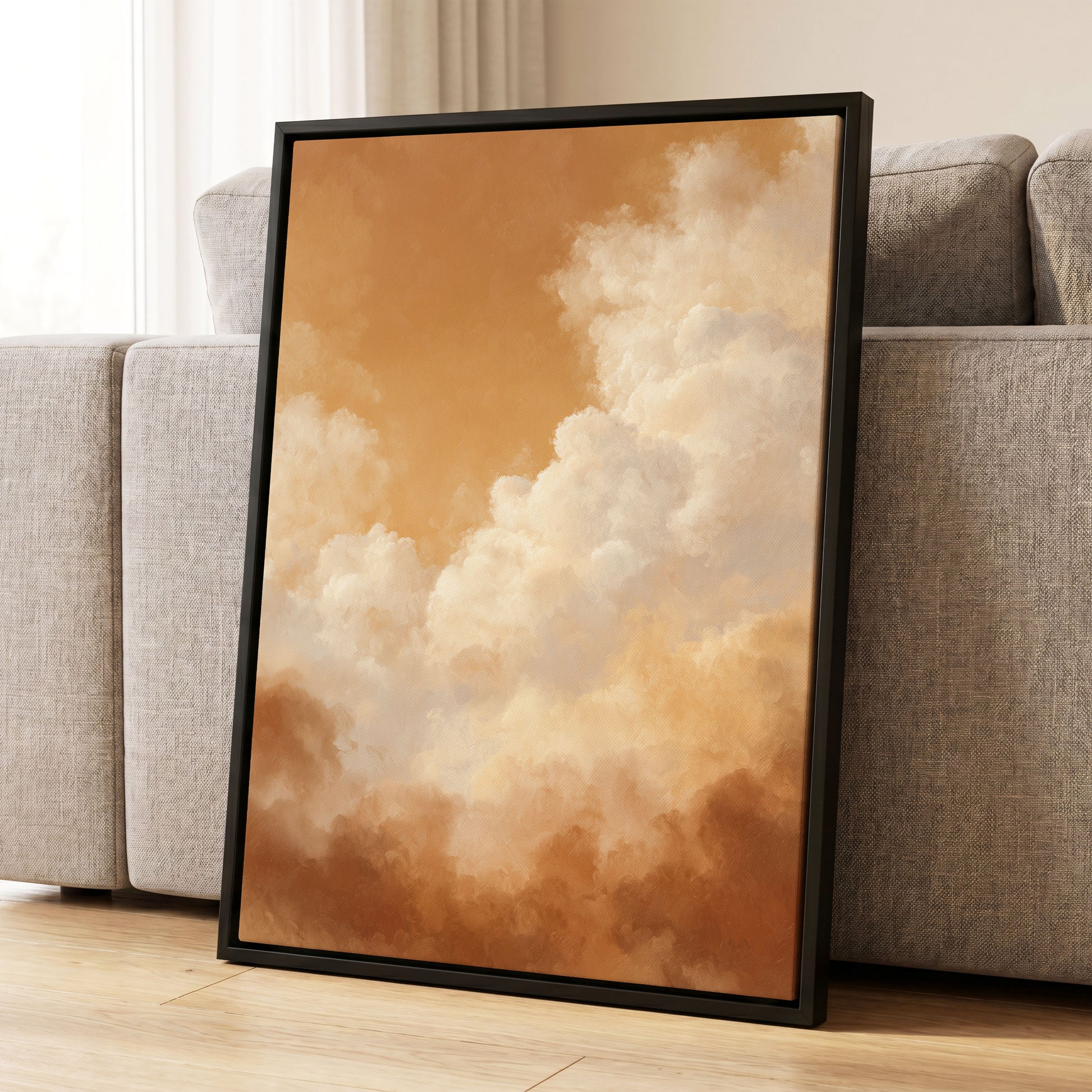 Gilded Cloudscape, gold, orange, beige nature wall art displayed in a styled interior, gallery view 4