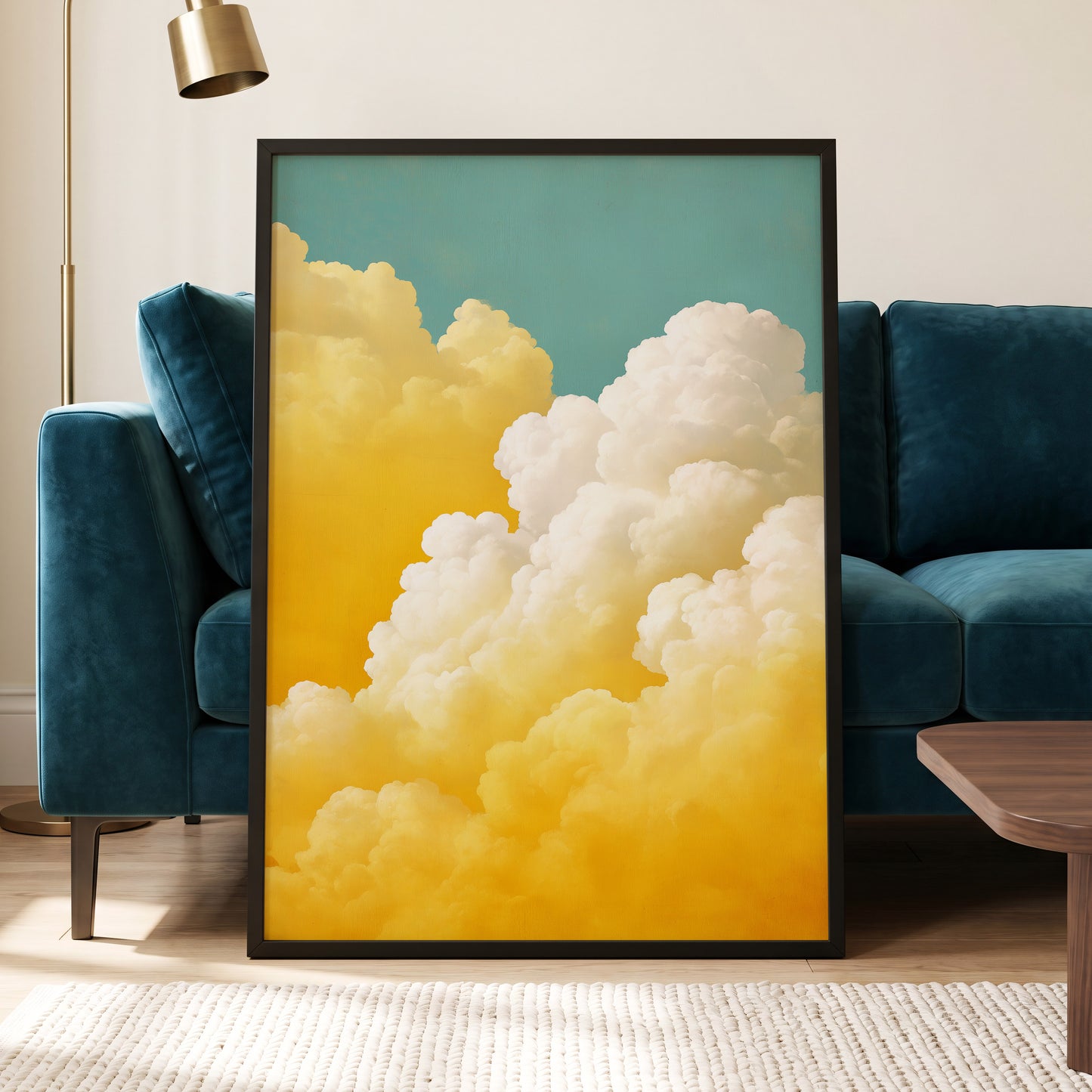 Gilded Cloudscape, blue, gold, yellow nature wall art displayed in a styled interior, gallery view 6