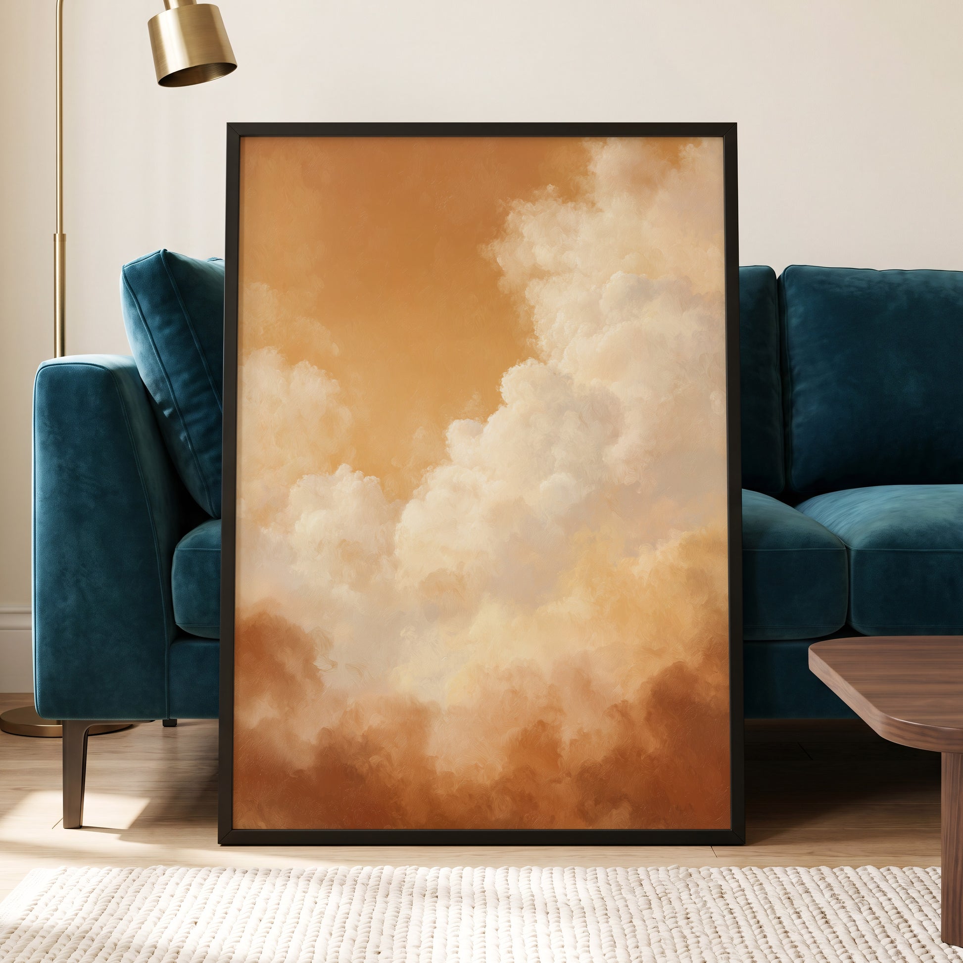 Gilded Cloudscape, gold, orange, beige nature wall art displayed in a styled interior, gallery view 6
