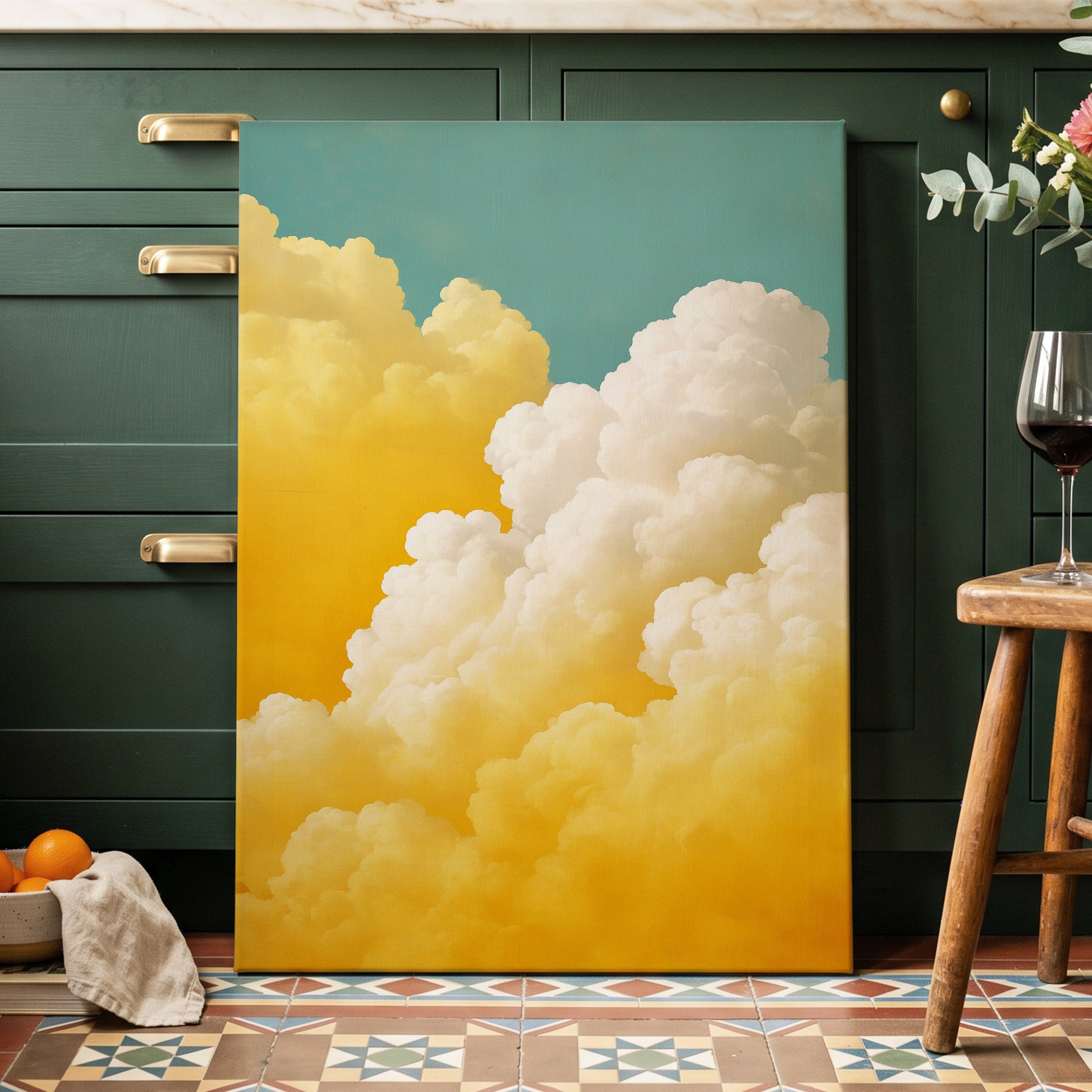 Gilded Cloudscape, blue, gold, yellow nature wall art displayed in a styled interior, gallery view 7