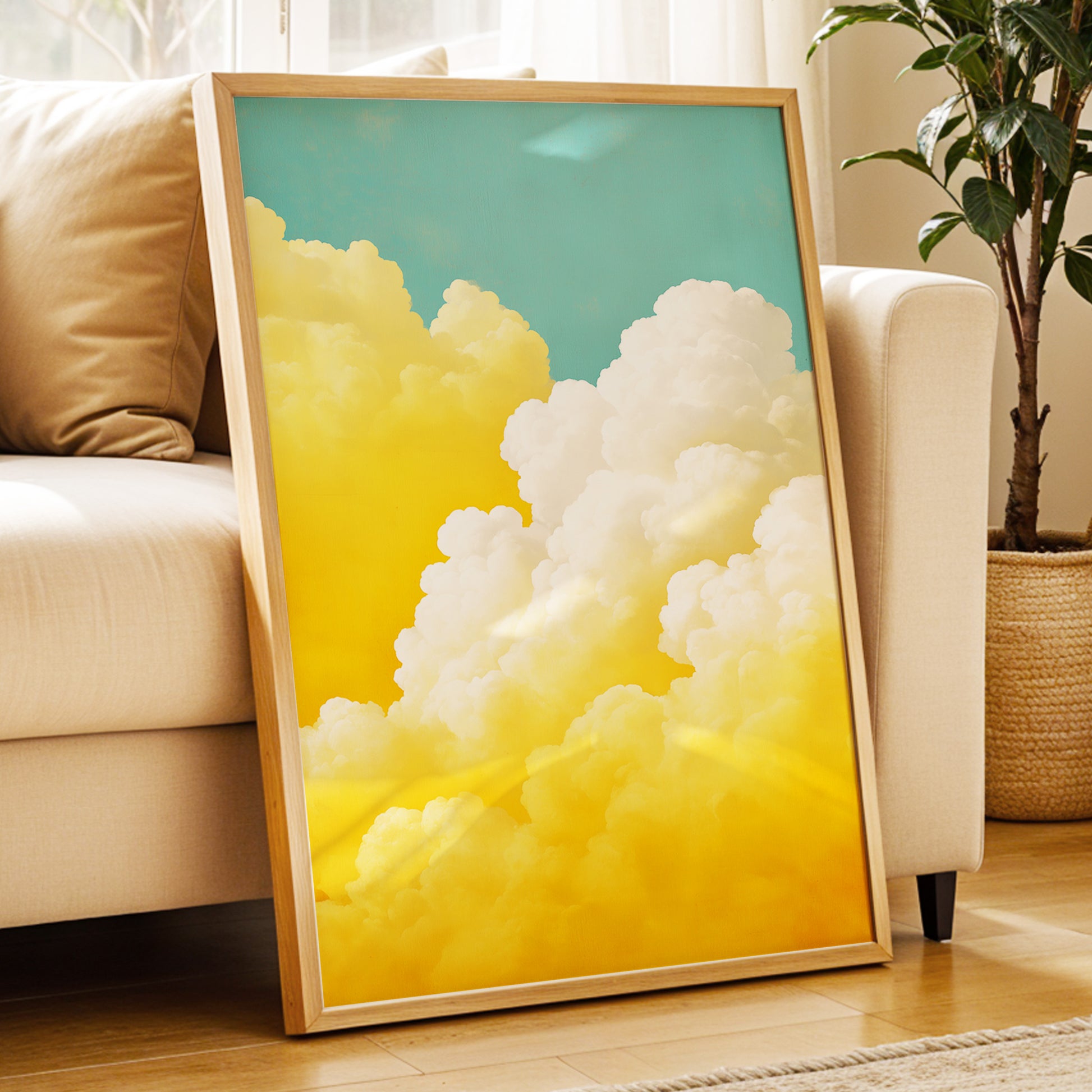 Gilded Cloudscape, blue, gold, yellow nature wall art displayed in a styled interior, gallery view 9