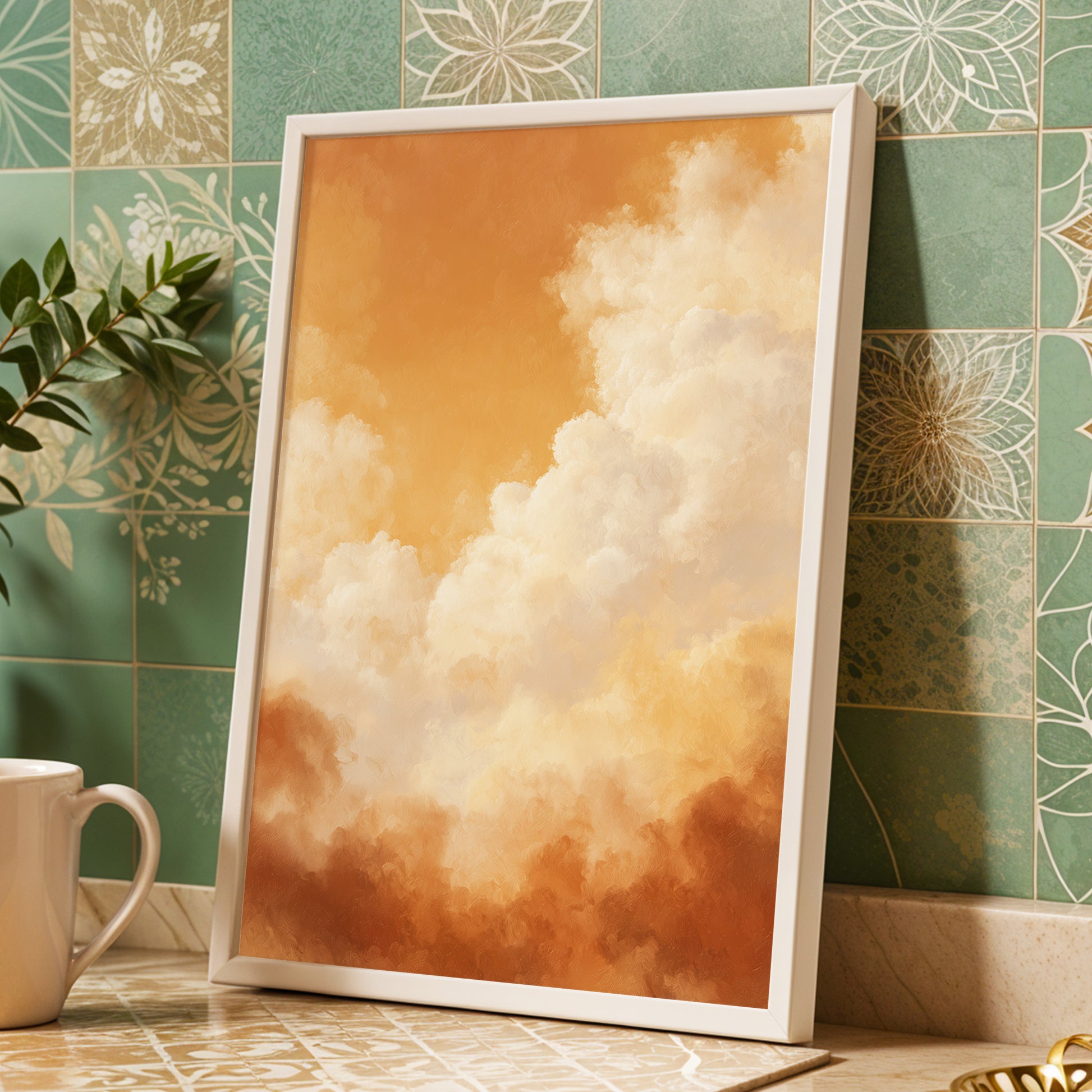 Gilded Cloudscape, gold, orange, beige nature wall art displayed in a styled interior, gallery view 9