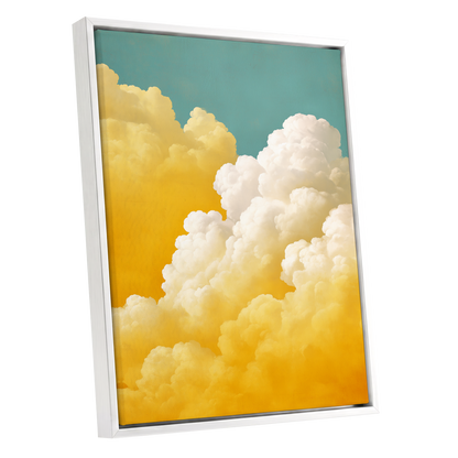 Gilded Cloudscape, blue, gold, yellow nature wall art shown as a white framed canvas wall art