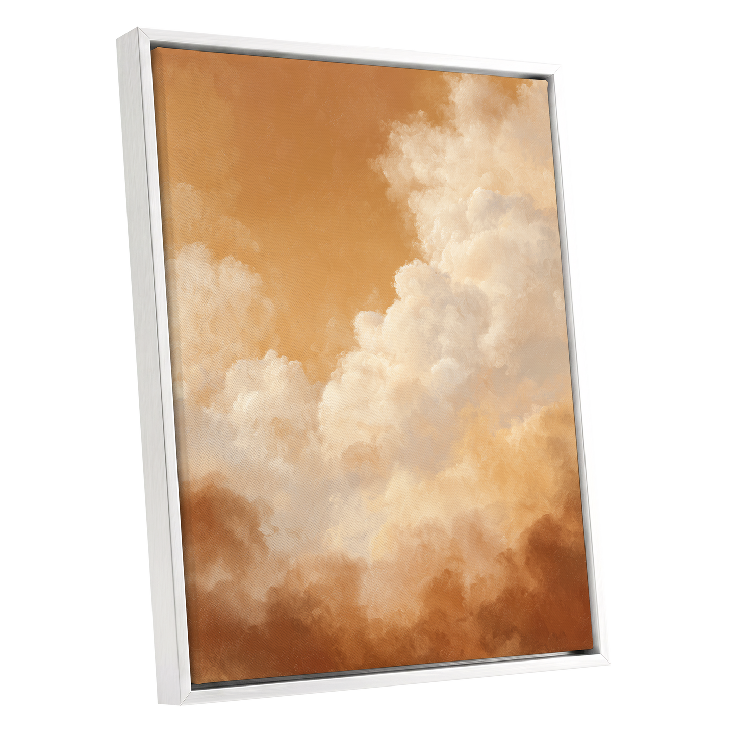 Gilded Cloudscape, gold, orange, beige nature wall art shown as a white framed canvas wall art