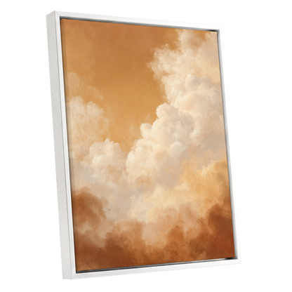 Gilded Cloudscape, gold, orange, beige nature wall art shown as a white framed canvas wall art