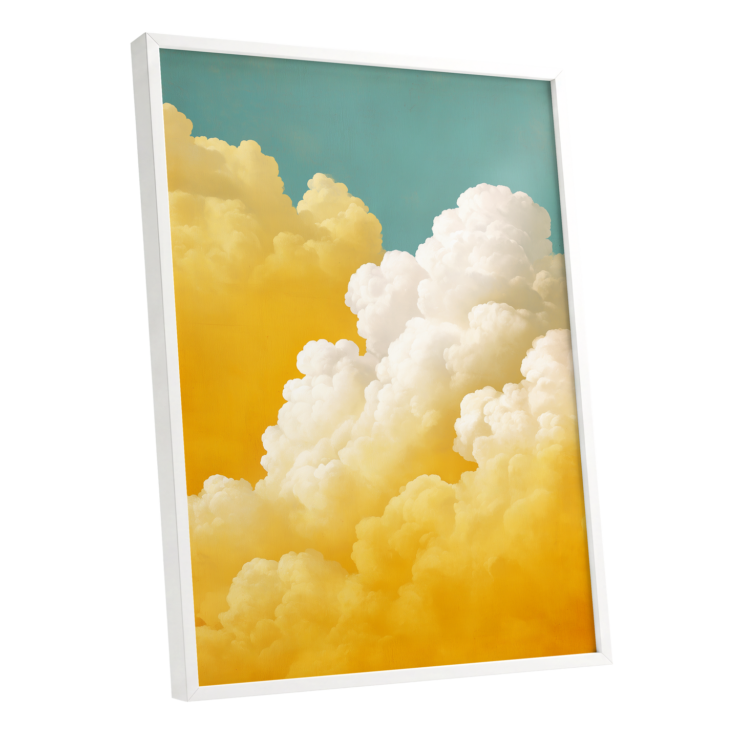 Gilded Cloudscape, blue, gold, yellow nature wall art shown as a white framed poster wall art print