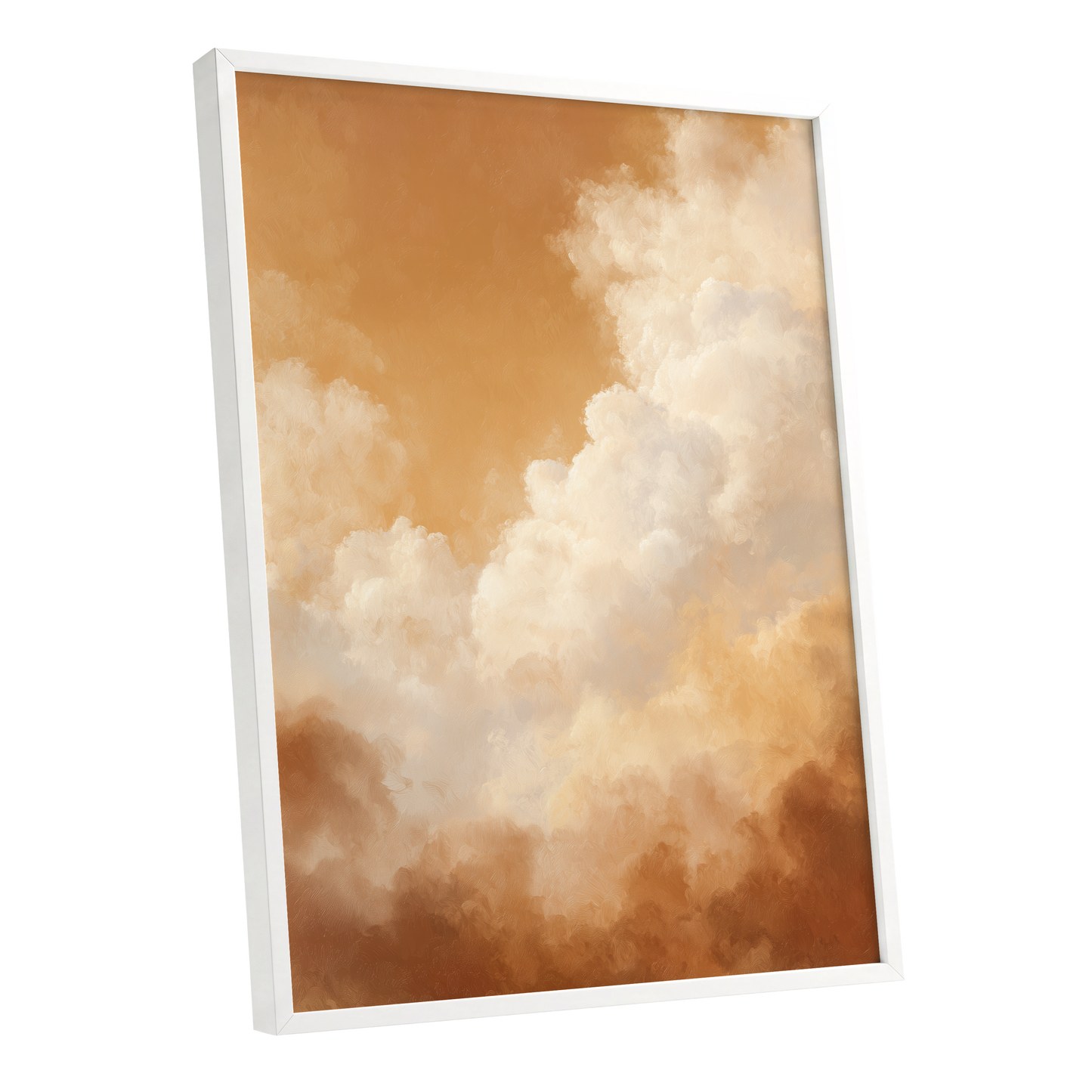 Gilded Cloudscape, gold, orange, beige nature wall art shown as a white framed poster wall art print