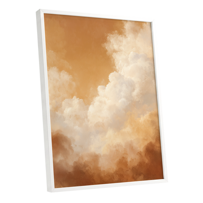 Gilded Cloudscape, gold, orange, beige nature wall art shown as a white framed poster wall art print
