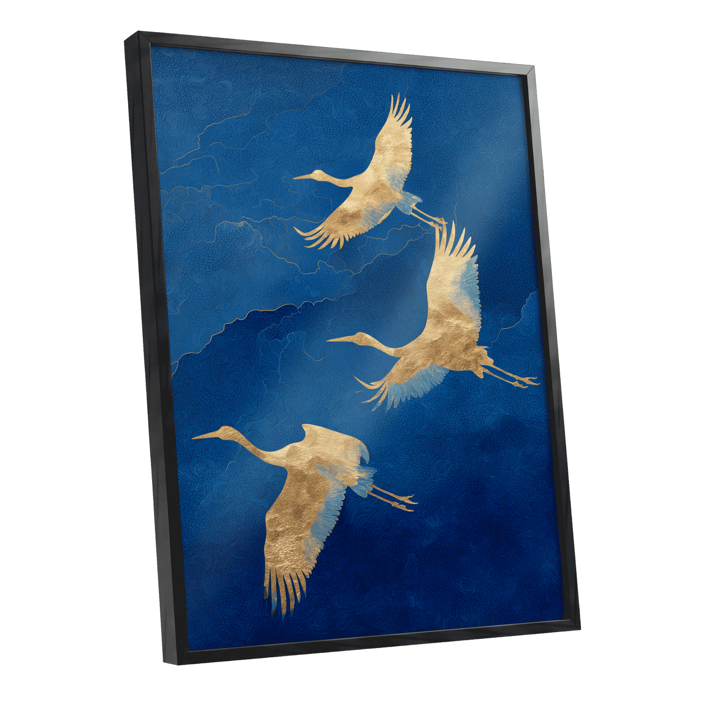 Gilded Crane Flight, blue, gold, beige nature wall art shown as a black framed poster wall art print
