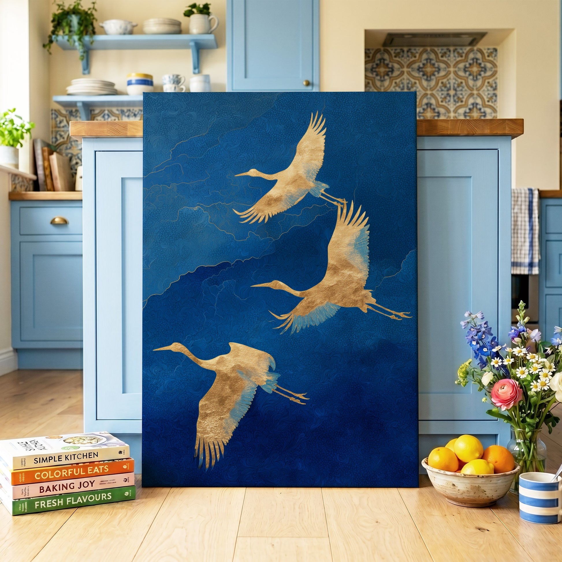 Gilded Crane Flight, blue, gold, beige nature wall art on canvas displayed in a styled interior, gallery view 1