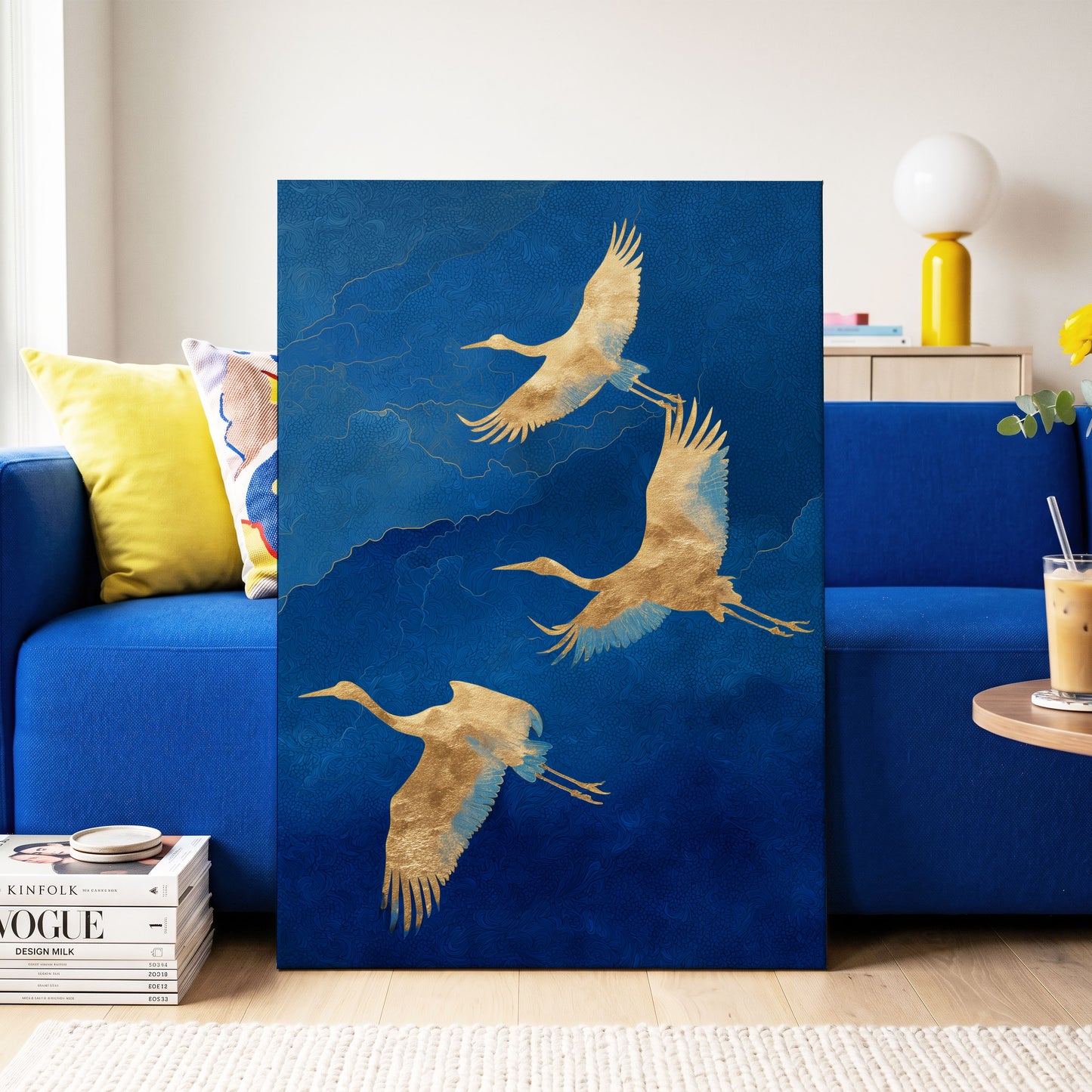 Gilded Crane Flight, blue, gold, beige nature wall art on canvas displayed in a styled interior, gallery view 2