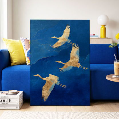 Gilded Crane Flight, blue, gold, beige nature wall art on canvas displayed in a styled interior, gallery view 2