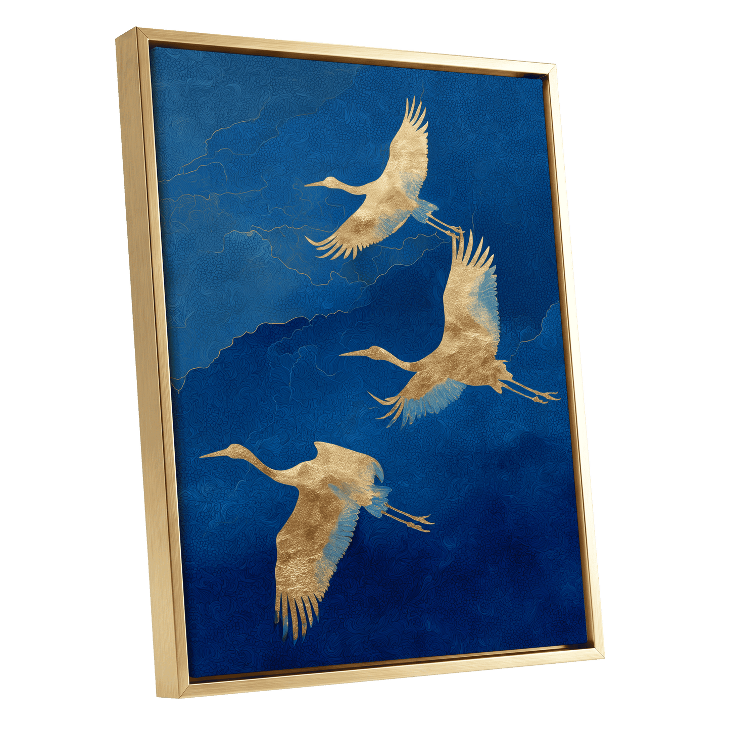 Gilded Crane Flight, blue, gold, beige nature wall art shown as a gold framed canvas wall art