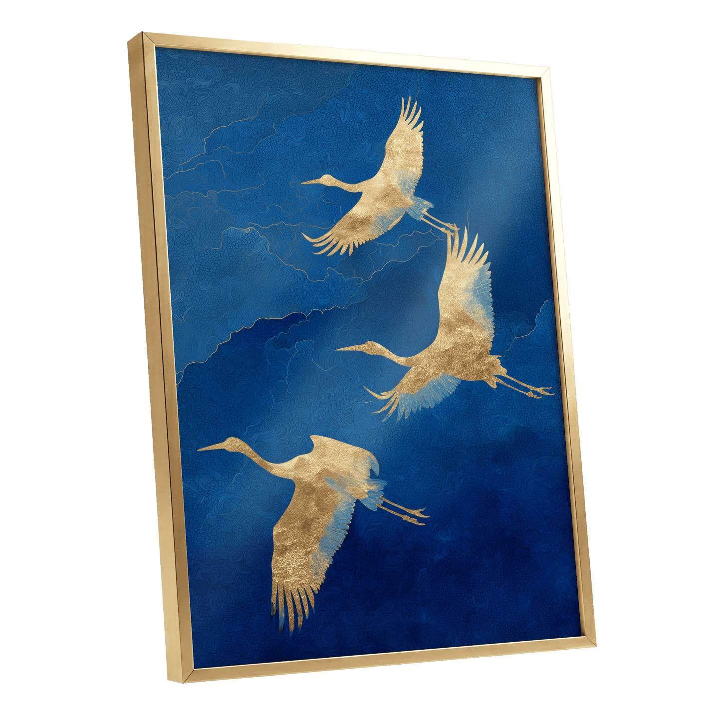 Gilded Crane Flight, blue, gold, beige nature wall art shown as a gold framed poster wall art print