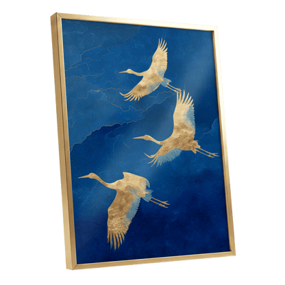 Gilded Crane Flight, blue, gold, beige nature wall art shown as a gold framed poster wall art print