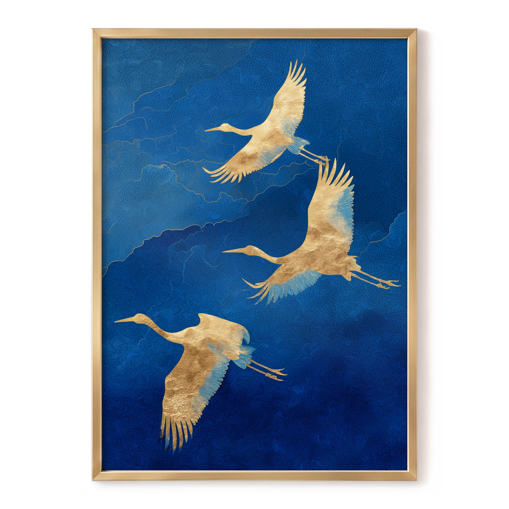 Gilded Crane Flight, blue, gold, beige nature wall art, front artwork view