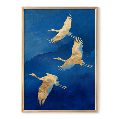 Gilded Crane Flight, blue, gold, beige nature wall art, front artwork view