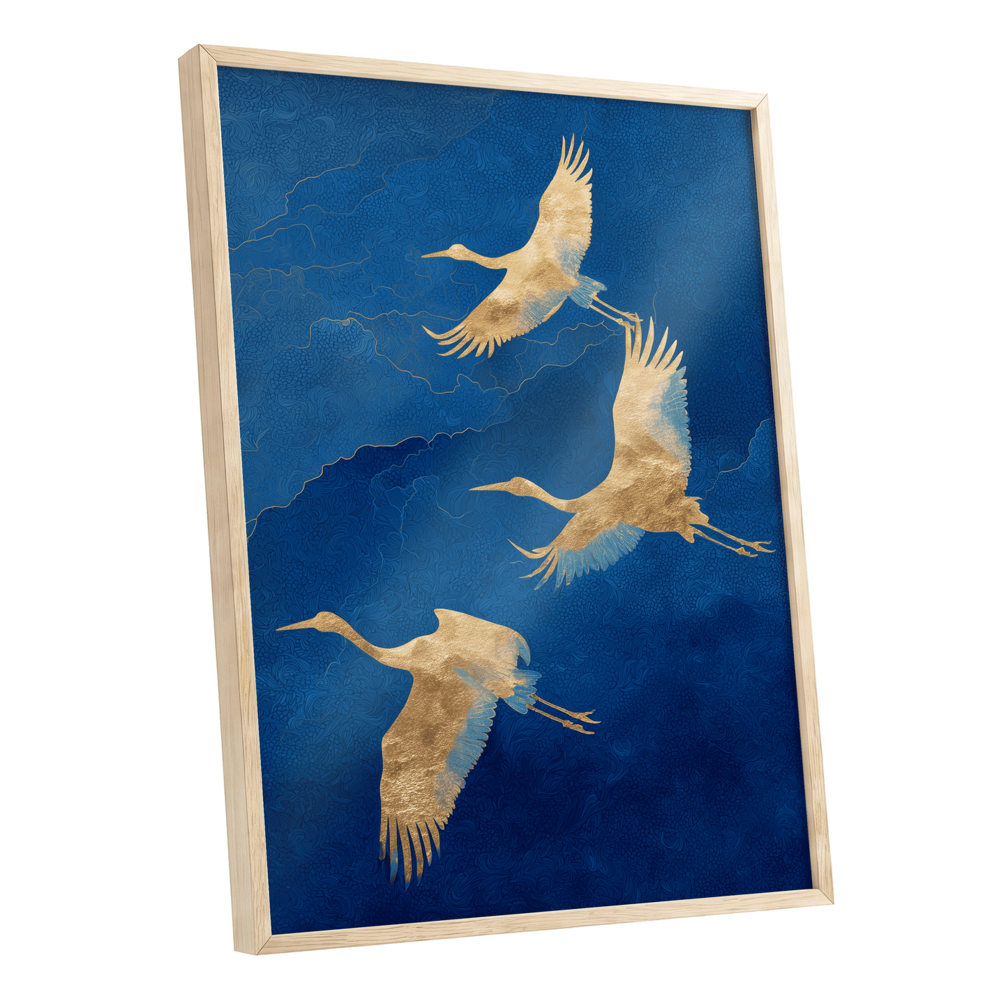 Gilded Crane Flight, blue, gold, beige nature wall art shown as a oak framed poster wall art print
