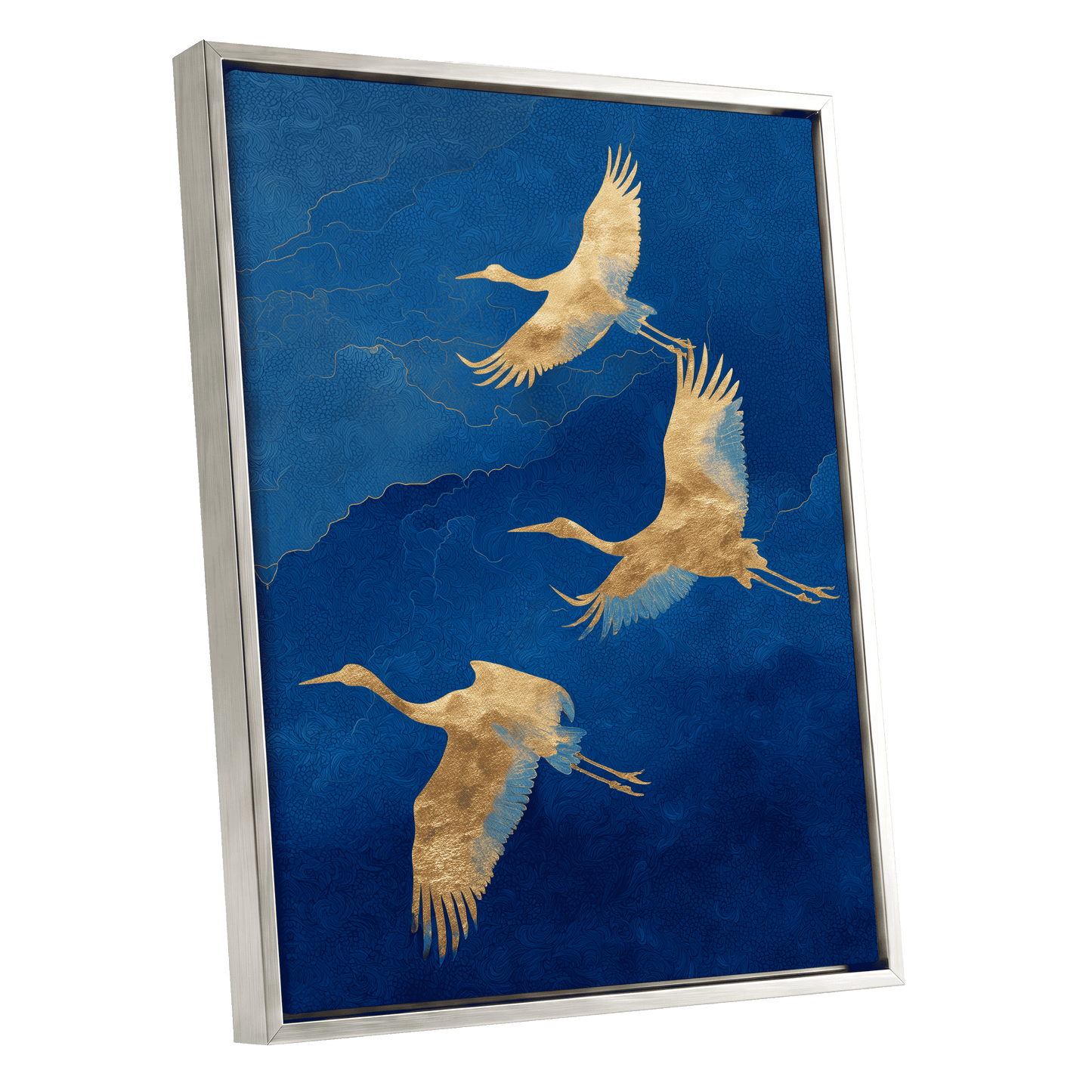 Gilded Crane Flight, blue, gold, beige nature wall art shown as a silver framed canvas wall art