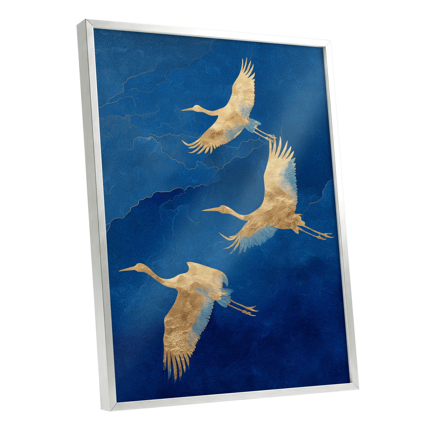 Gilded Crane Flight, blue, gold, beige nature wall art shown as a silver framed poster wall art print