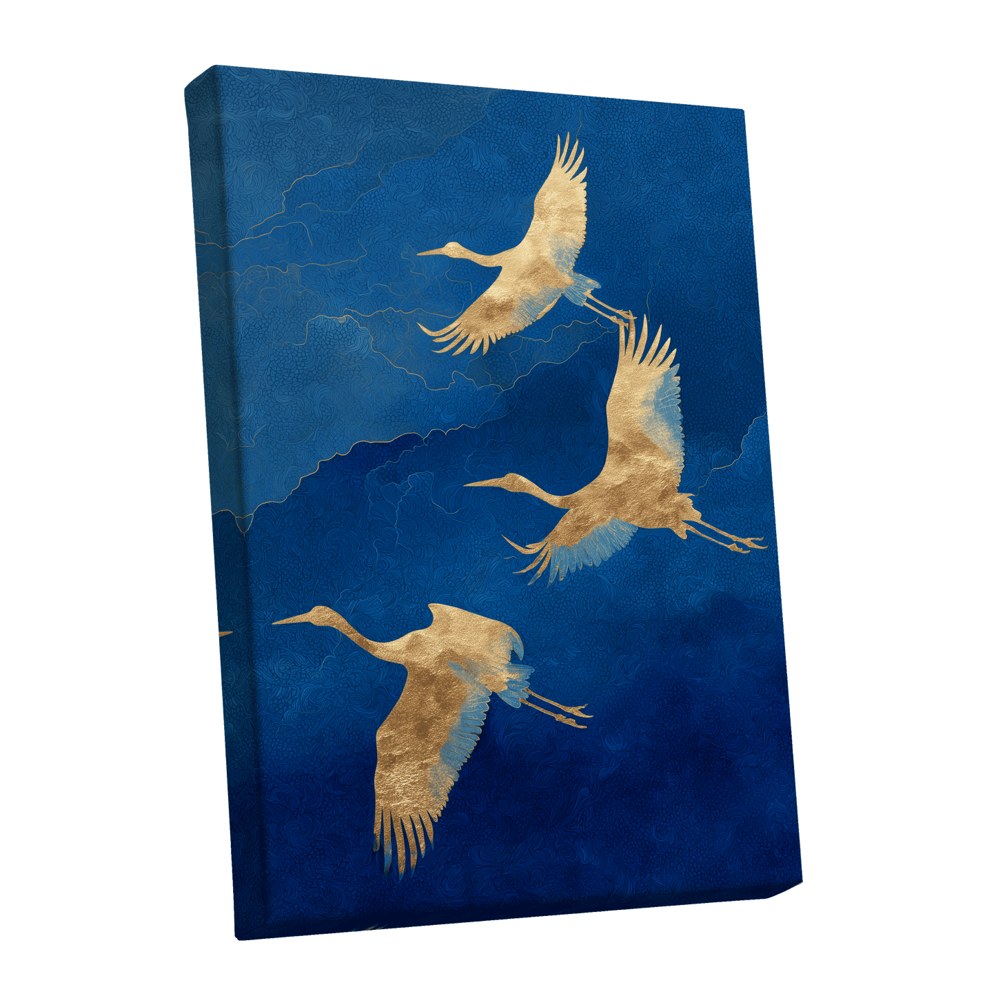 Gilded Crane Flight, blue, gold, beige nature wall art shown as a stretched canvas wall art
