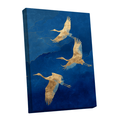 Gilded Crane Flight, blue, gold, beige nature wall art shown as a stretched canvas wall art
