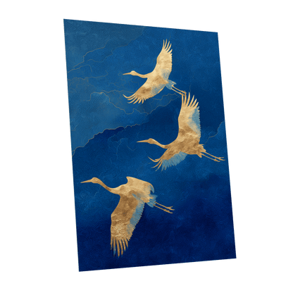 Gilded Crane Flight, blue, gold, beige nature wall art shown as a unframed poster wall art print
