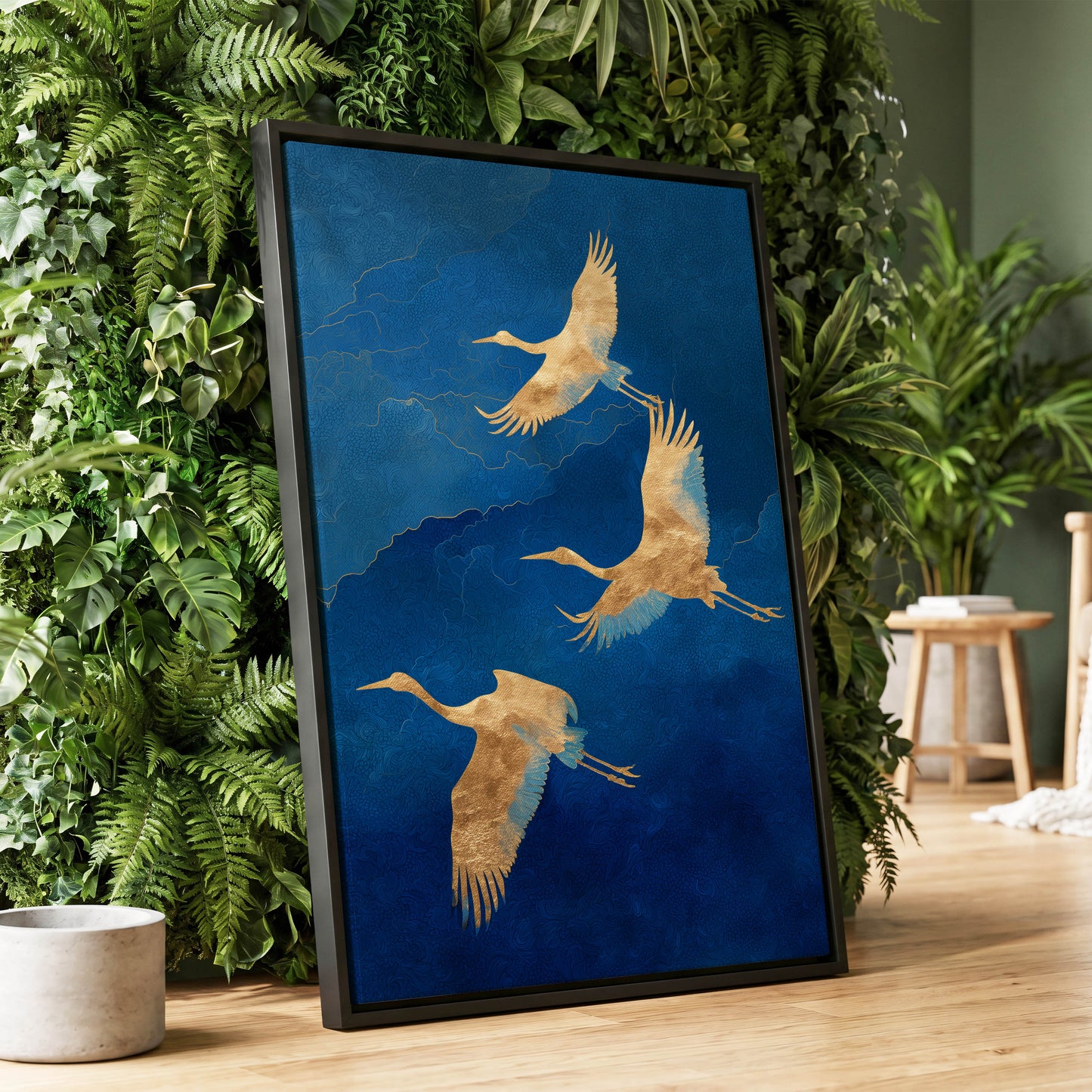 Gilded Crane Flight, blue, gold, beige nature wall art displayed in a styled interior, gallery view 1