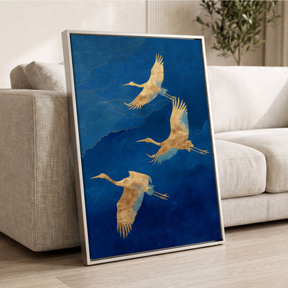 Gilded Crane Flight, blue, gold, beige nature wall art displayed in a styled interior, gallery view 2
