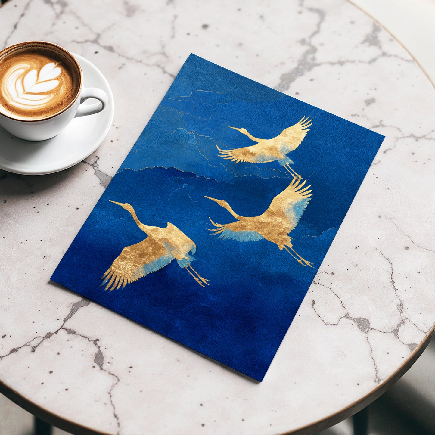 Gilded Crane Flight, blue, gold, beige nature wall art displayed in a styled interior, gallery view 3