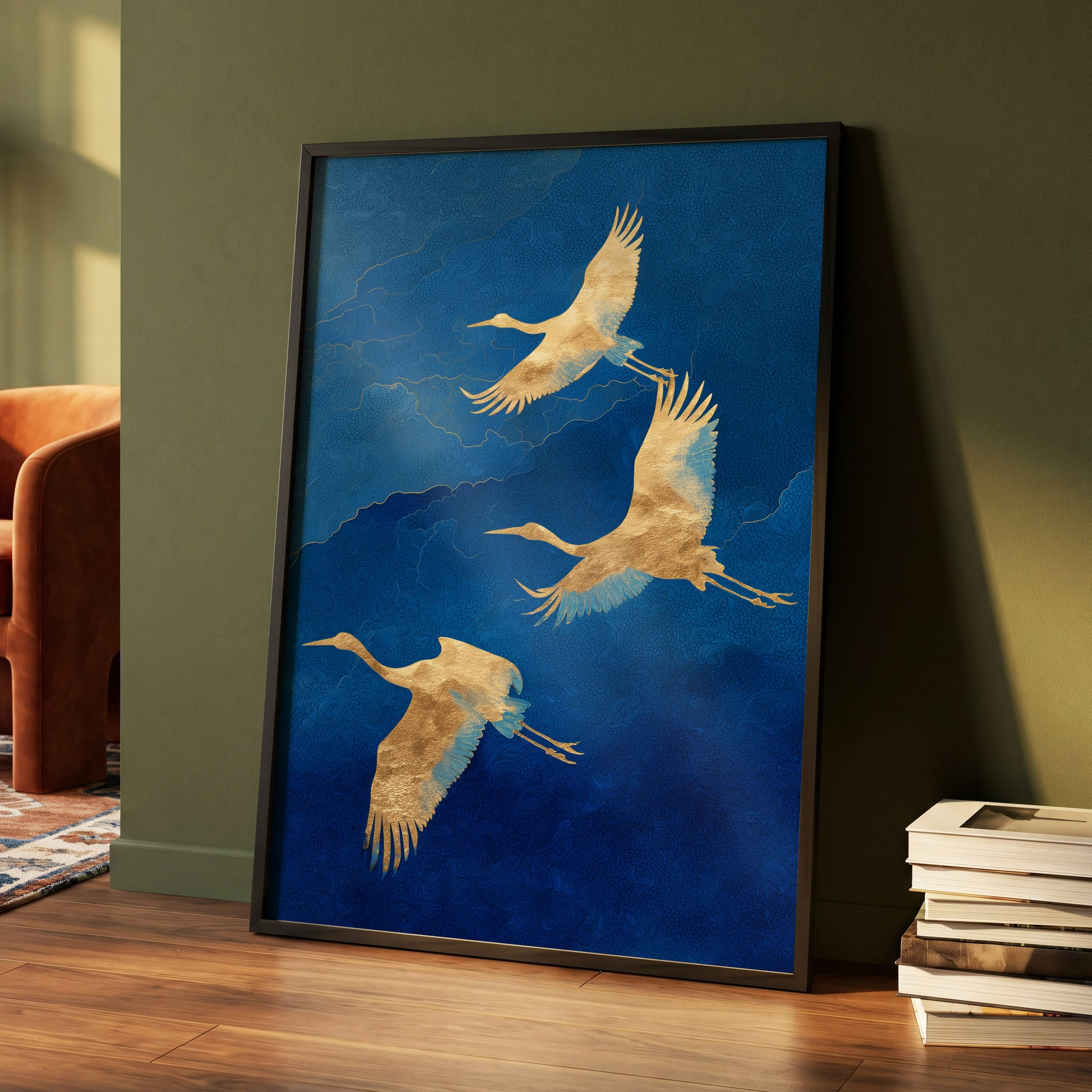 Gilded Crane Flight, blue, gold, beige nature wall art displayed in a styled interior, gallery view 4