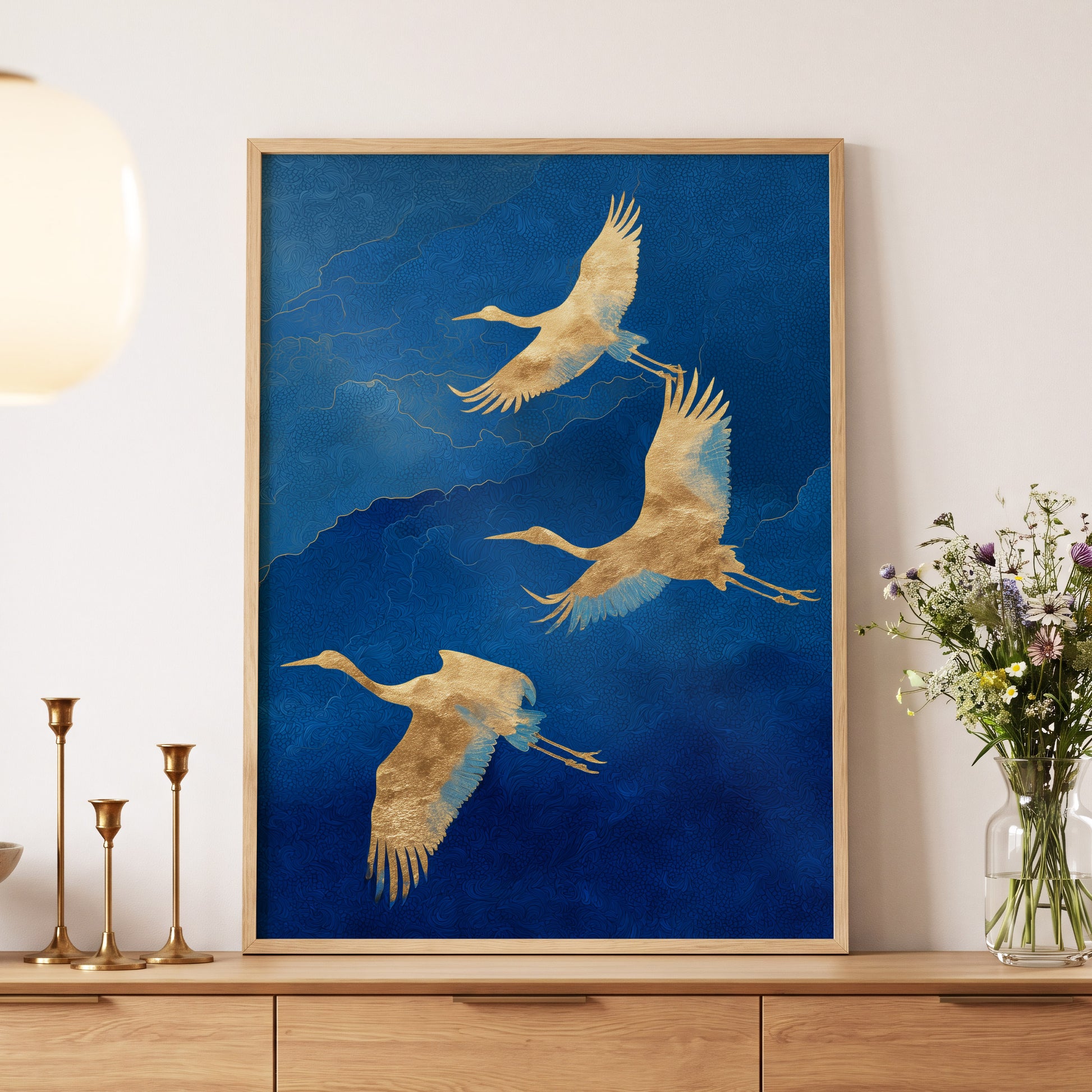 Gilded Crane Flight, blue, gold, beige nature wall art displayed in a styled interior, gallery view 5