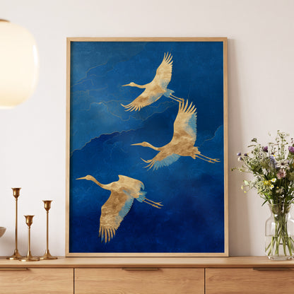 Gilded Crane Flight, blue, gold, beige nature wall art displayed in a styled interior, gallery view 5