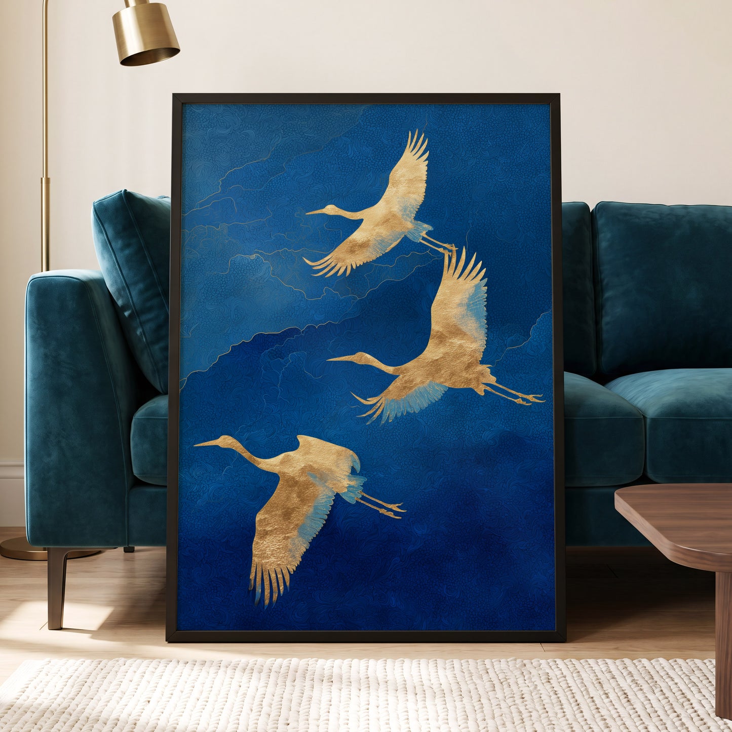 Gilded Crane Flight, blue, gold, beige nature wall art displayed in a styled interior, gallery view 6
